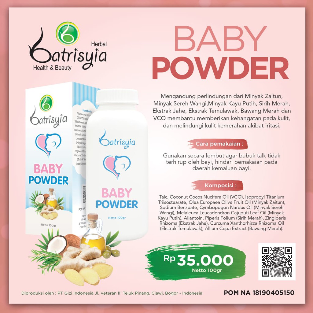 Bedak Bayi Reguler Batrisyia Herbal, Baby Powder dengan VCO