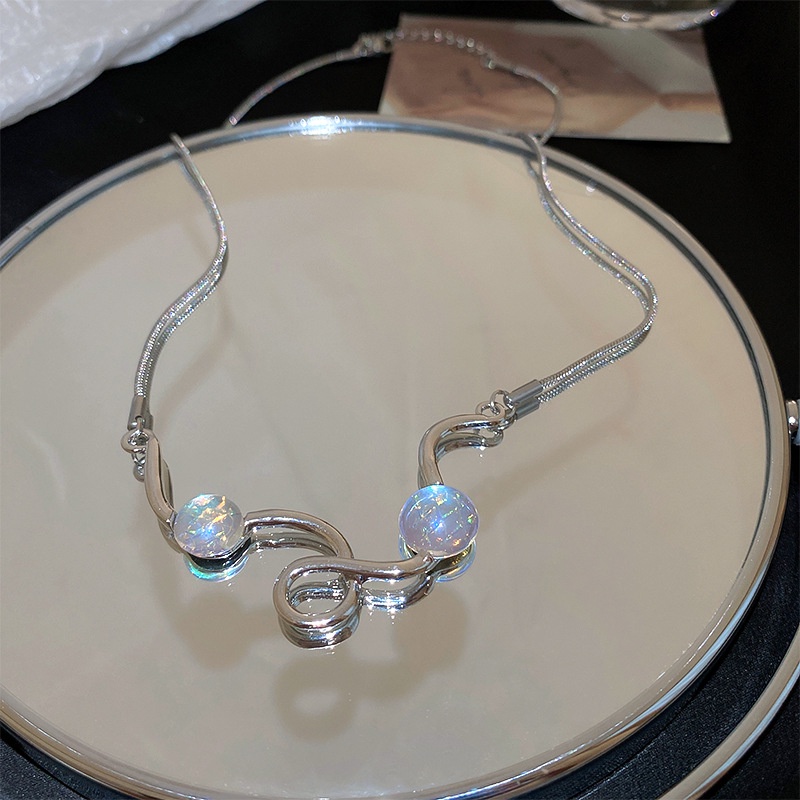 Kalung Rantai Dengan Liontin Batu Moonstone Bentuk Geometri Gaya Korea Untuk Wanita