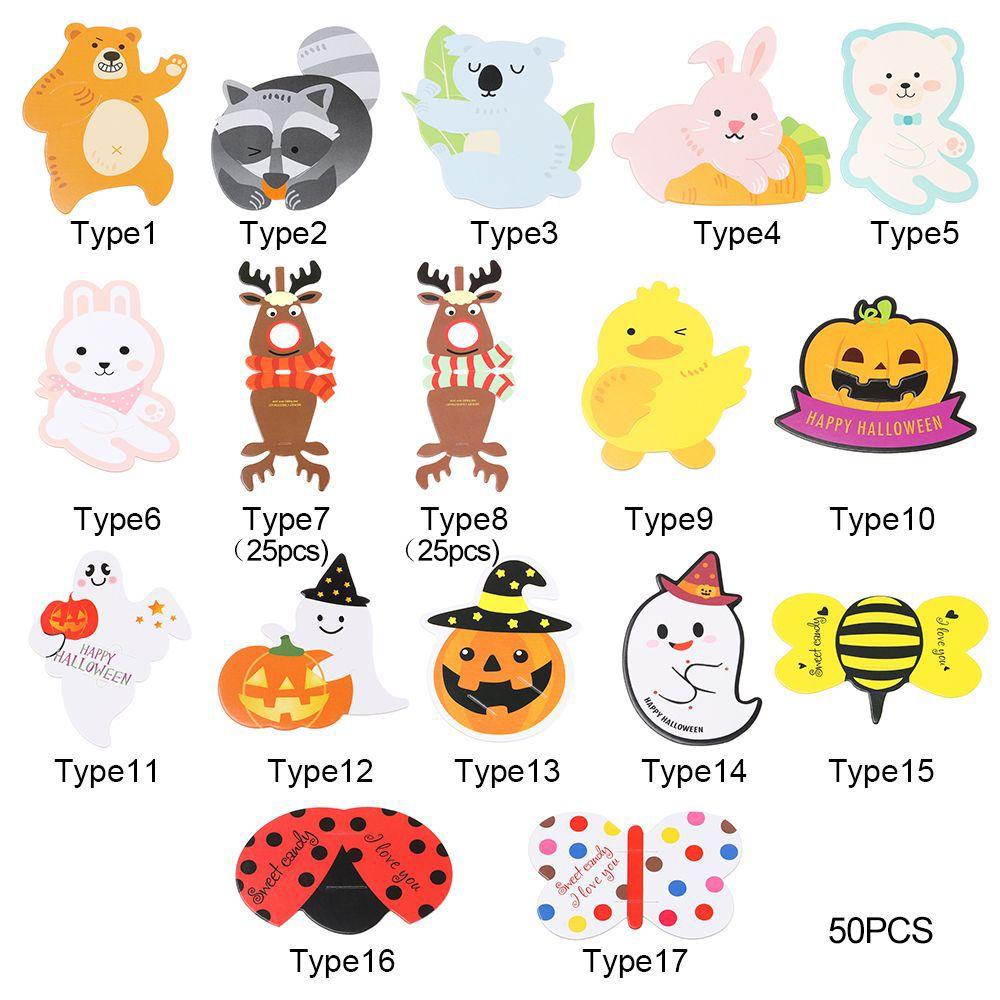 Solighter 25/50PCS Kartu Dekorasi Lolipop Halloween Natal Hantu Rusa Permen Holder Card Kartun Hewan