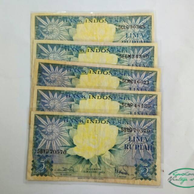 5 Lembar Uang Kertas Kuno 5 Rupiah 1959