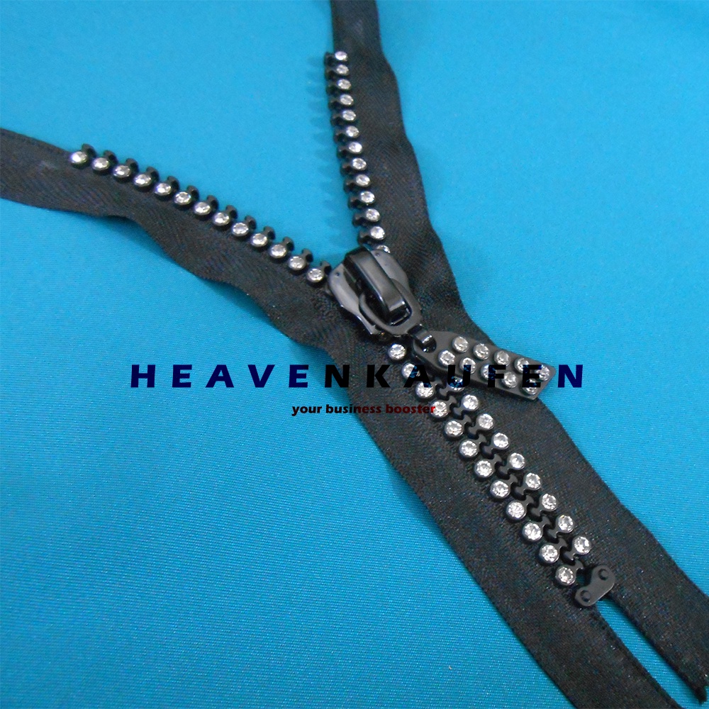 Resleting Zipper Busana 15 cm Warna Hitam Variasi Hias Permata Imitasi