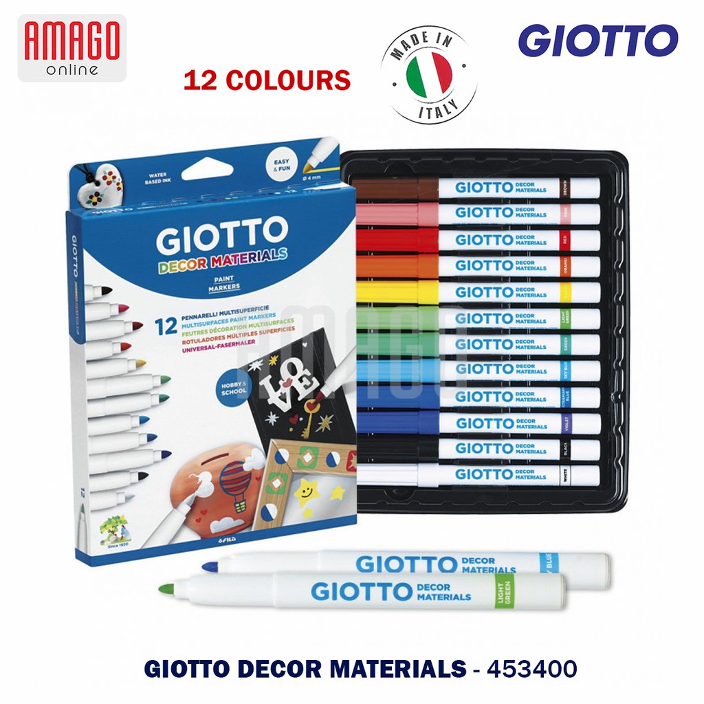 

GIOTTO Decor Materials - Fiber Pen 12 Colors Spidol Permanen untuk Aneka Bahan 12 warna - 453400