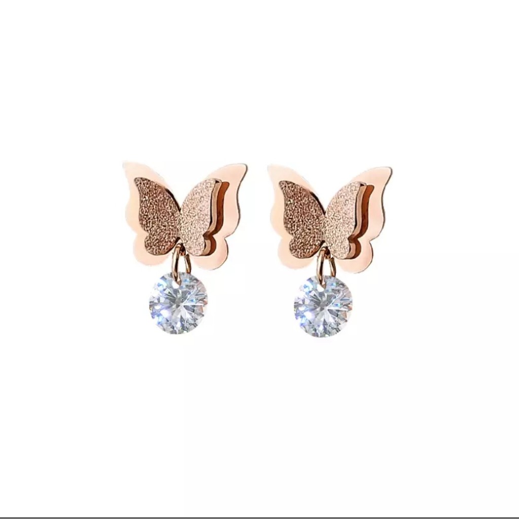 Anting Tusuk Titanium Kupu-Kupu Diamond Gantung Tersedia Warna Rosegold, Gold dan Silver