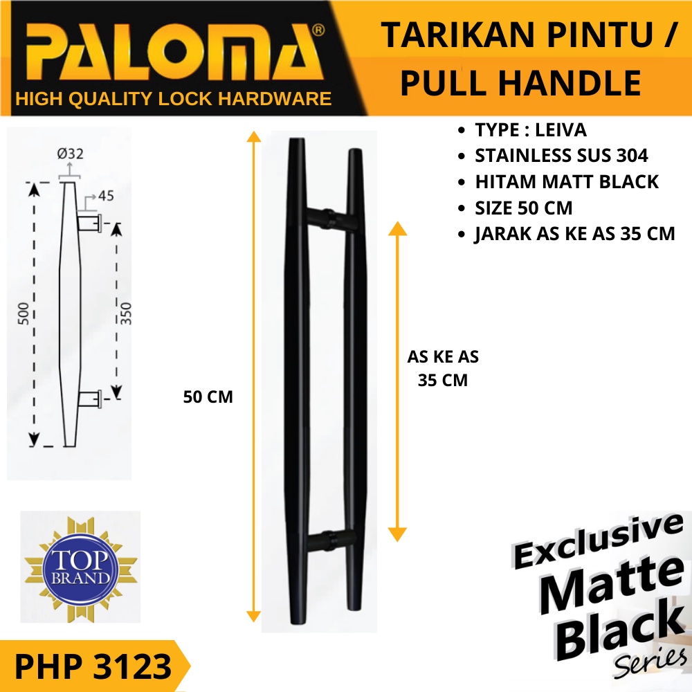 PALOMA TARIKAN GAGANG HANDLE PINTU LEIVA 50 CM PHP 3123 HITAM BLACK MATTE