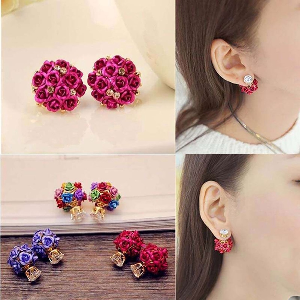 Hu Hu Hu Hu Hu Alat Bantu Pasang Kacamata♡ Anting Tusuk Desain Bunga Mawar Bahan Alloy Hias Berlian Imitasi Untuk Wanita