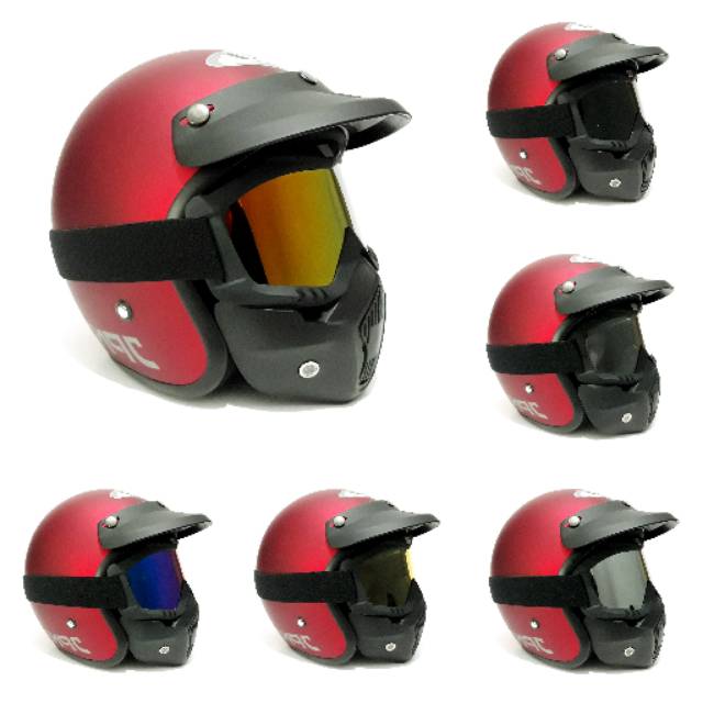 Helm Jpn Retro Maroon Dof Dengan Goggle Mask