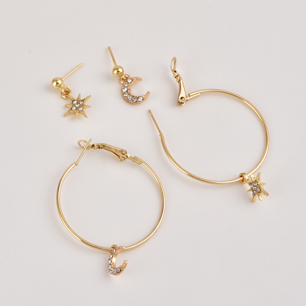 Hu Hu Hu Hu Hu Alat Bantu Pasang Kacamata♡ 4pcs / Set Anting Stud Bentuk Bulan Bintang Aksen Berlian Imitasi Untuk Wanita