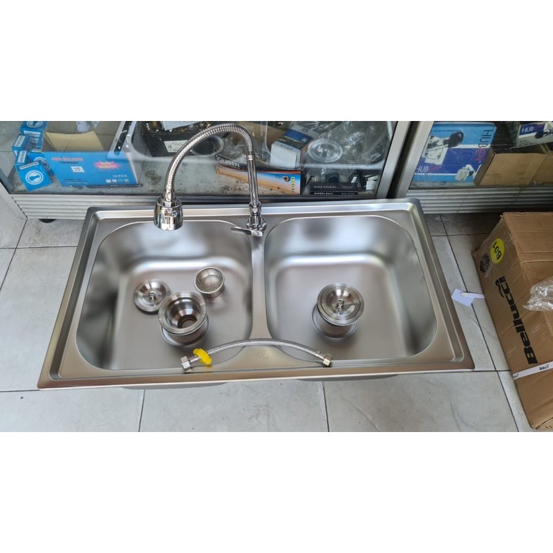 Bak cuci piring stainless 2 lubang 78x43x20 PAKET KRAN