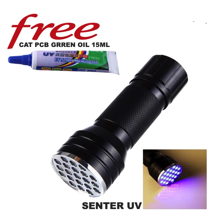 Lampu Senter UV Ultra Violet - Alat Pendeteksi Deteksi Uang Palsu Pengering lem cat pcb 21 LED Plus Cat Pcb