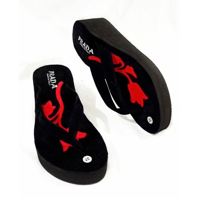 SANDAL WEDGES WANITA  - SANDAL WANITA JAPIT - SANDAL JAPIT SPON PLUS BELUDRU ( PRADA MAWAR)