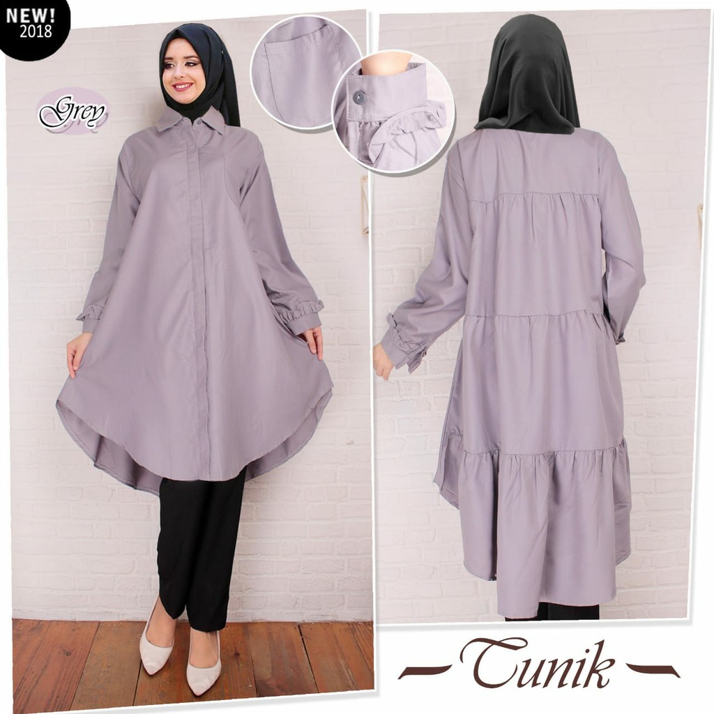 Baju Atasan Muslim Tunik Wanita bahan katun warna abu-abu muda / eli