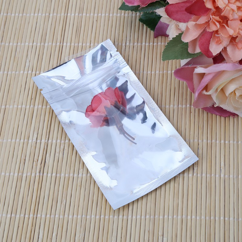 CRE  50 Pcs 7x13cm Silver Aluminum Foil Mylar Recloeable Ziplock Bag Front Clear Leak Proof