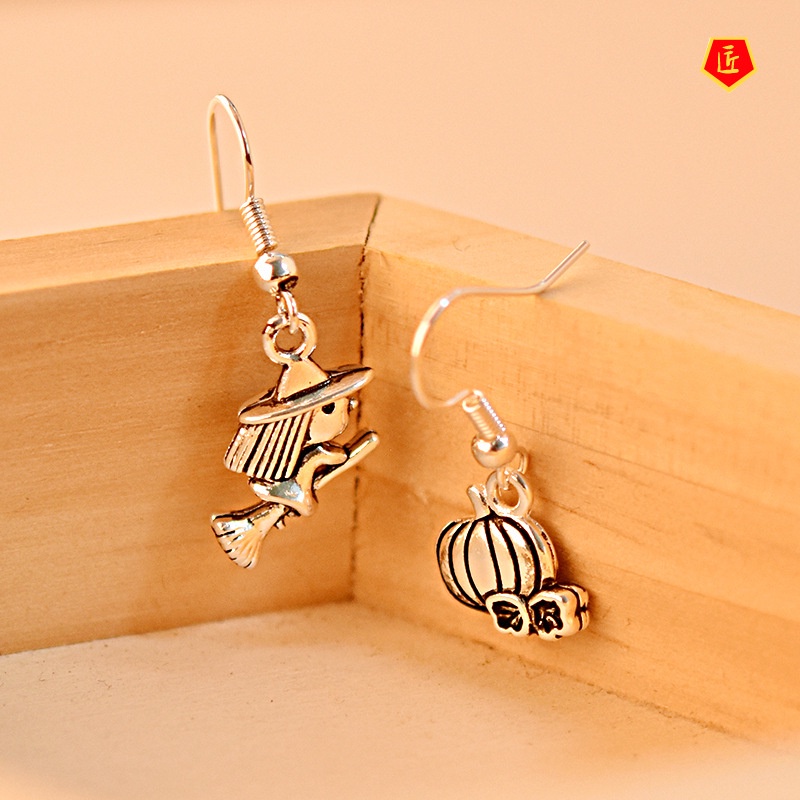 [Ready Stock]New Halloween Witch Pumpkin Asymmetric Earrings S925 Silver Black