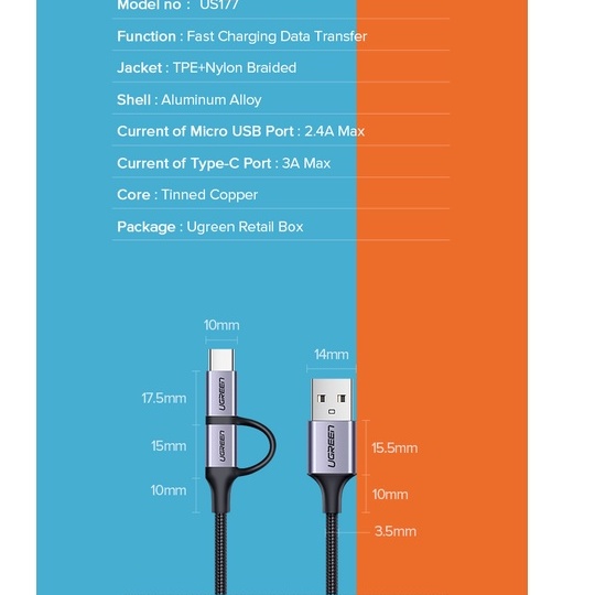 【Stok Produk di Indonesia】Ugreen 2in1 Kabel Data / Charger Micro USB Tipe-C Fast Charging Panjang 1m Untuk Samsung Galaxy S10 / S9