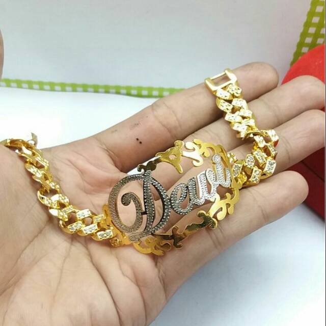 Gelang nama lapis emas 24k combi perak