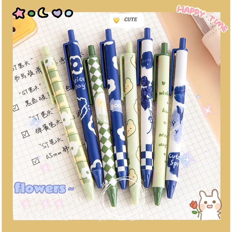 4pcs / set Pulpen Gel 0.5mm Motif Bunga Mawar Biru Gaya Retro Untuk stationery Pelajar / Kantor