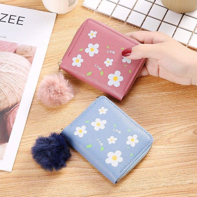 BV.ID DL382 DOMPET WANITA KECIL MOTIF BUNGA DAISY DOMPET KECIL WANITA IMPORT GANTUNGAN BULU COD