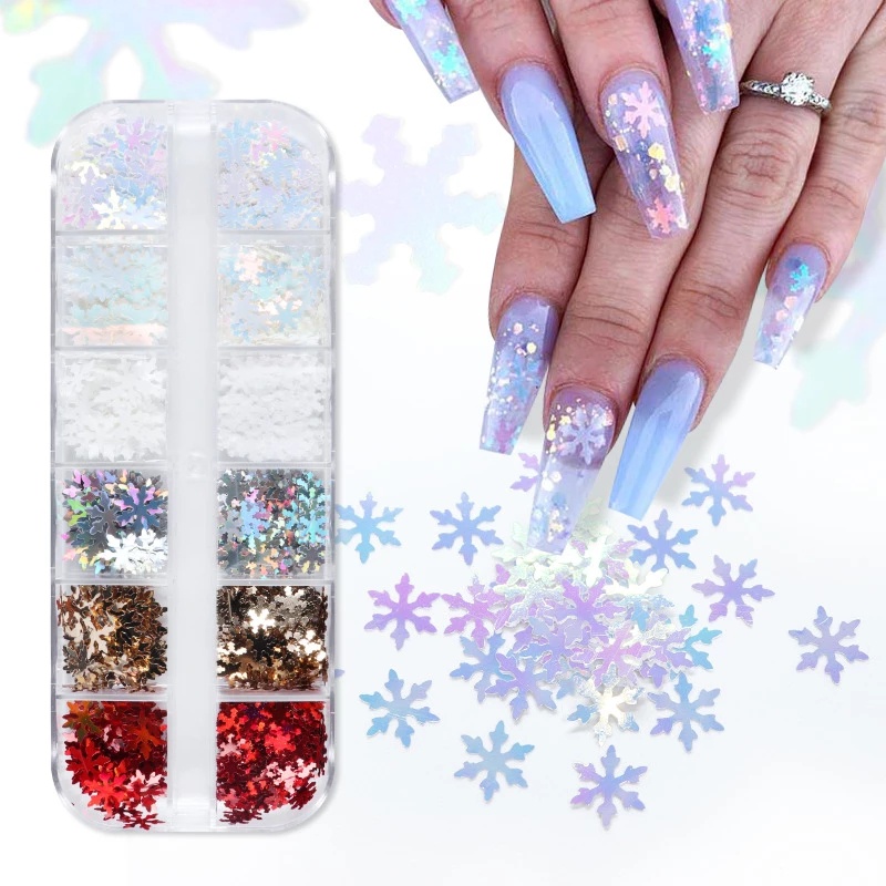 12 Grids Glitter 3D Christmas Snowflakes Sequins Nails Art Decorative Sticker DIY Accessories