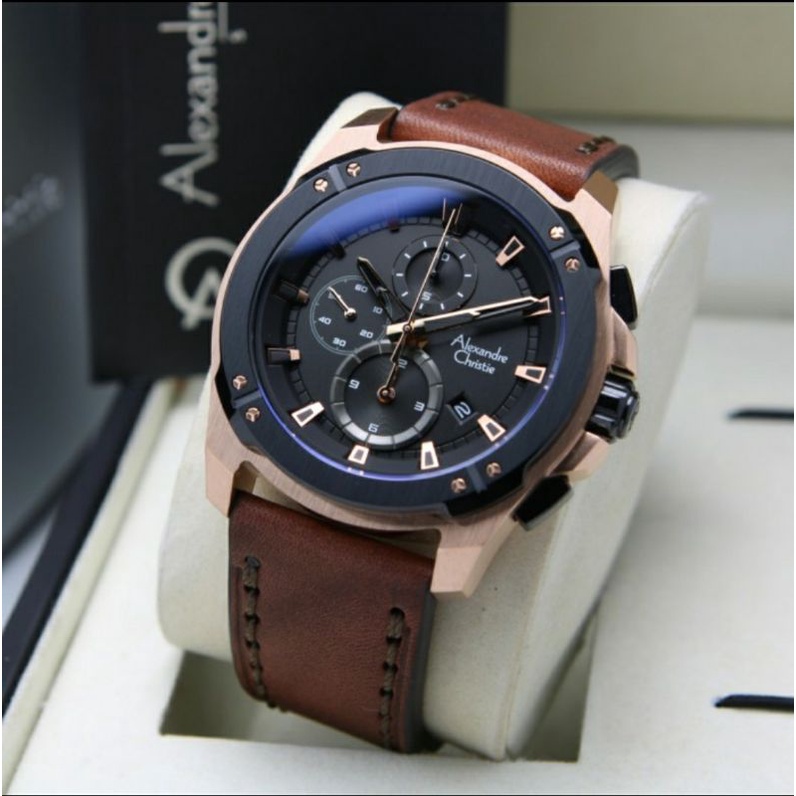 ORIGINAL GARANSI RESMI JAM TANGAN PRIA ALEXANDRE CHRISTIE ROSEGOLD BLACK BROWN KULIT ARLOJI WATCH CO
