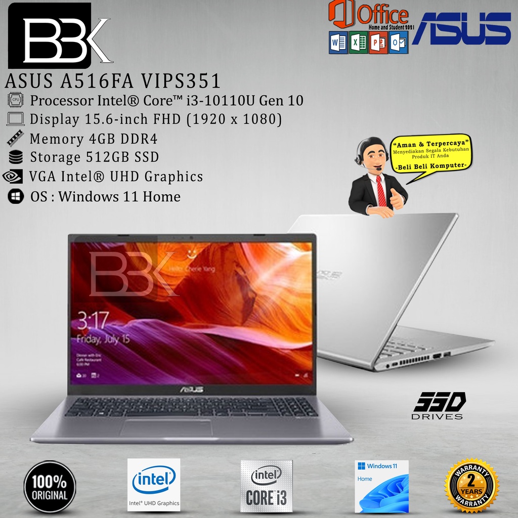 ASUS A516FA VIPS351 | I3 10110U 4GB 512SSD W11+OHS 15.6FHD IPS