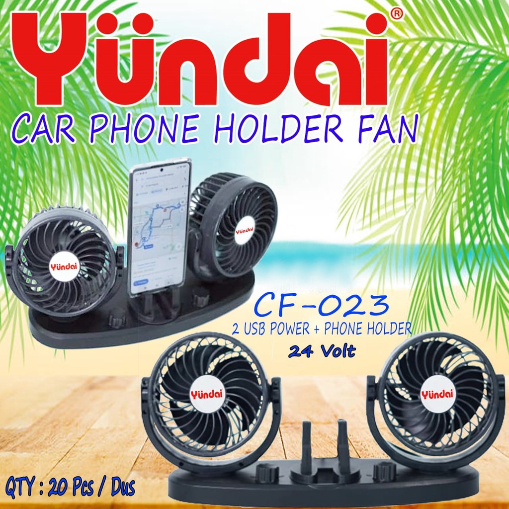 Yundai Kipas Angin 4&quot; Mobil Ganda + Car Phone Holder Fan Swing / Muter 12-24 Volt - Hitam