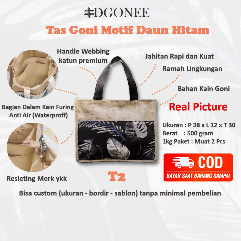 Dgonee T2 Motif Daun Hitam Tas Tote Bag Totebag Kain Goni Belanja Kerja Kuliah Wanita Custom | T218