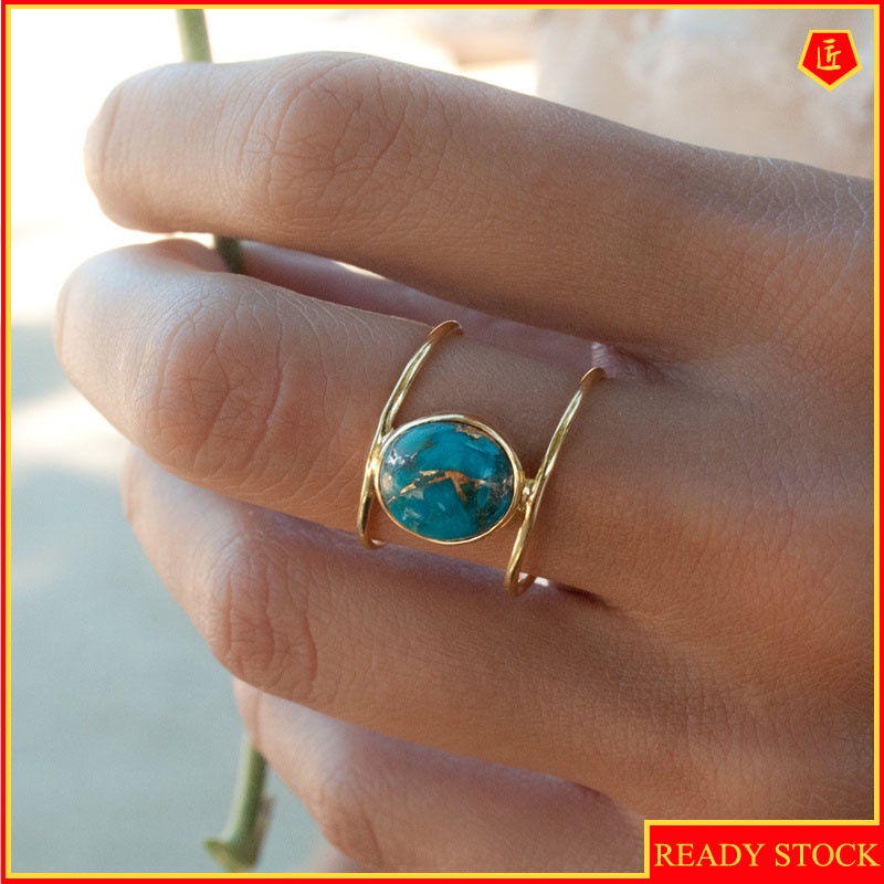 [Ready Stock]Women's New 18K Gold Exaggerated round Large Turquoise Ring