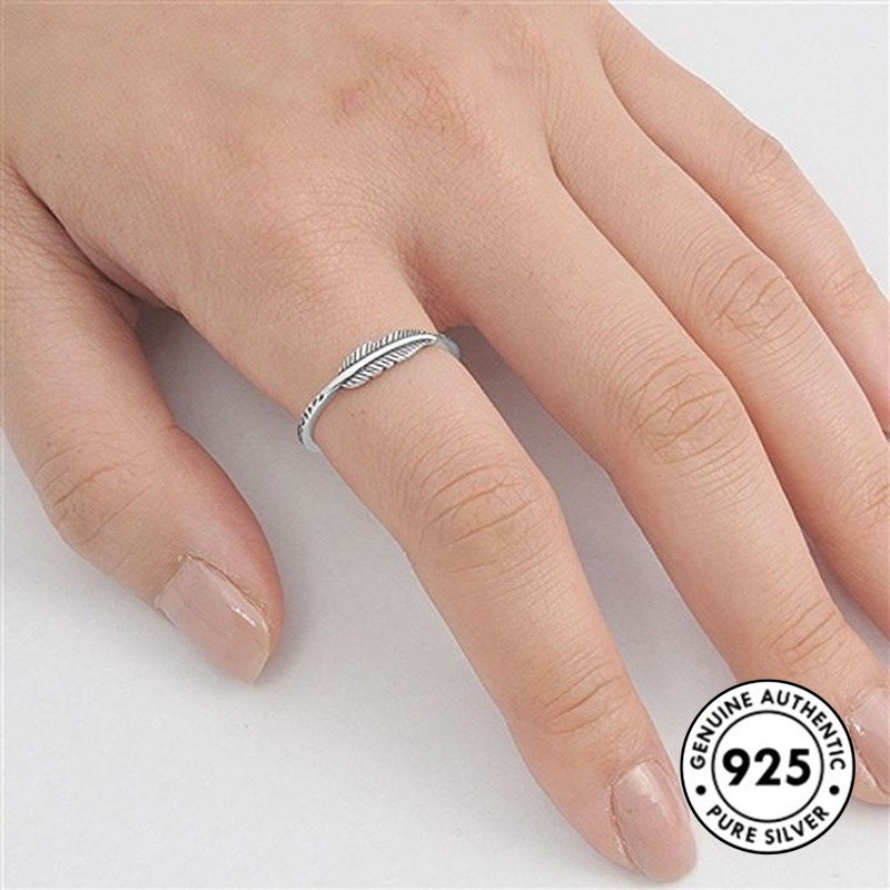 Cincin Desain Bulu Bahan S925 Silver Gaya Retro