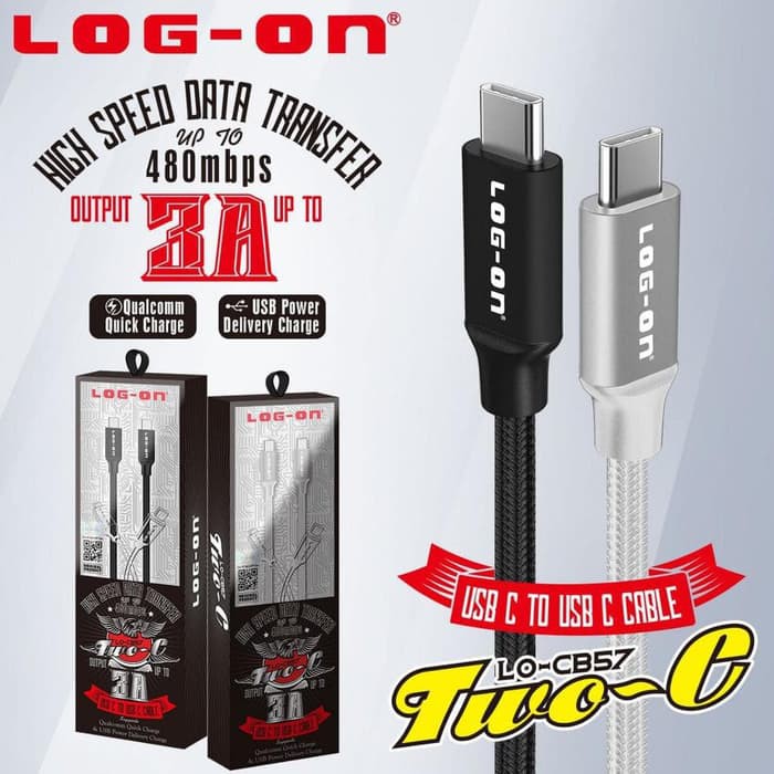 KABEL DATA LO-CB57 TWO C - USB C TO USB C CABLE - HIGH SPEED DATA FAST CHARGING 3.A -LOG ON