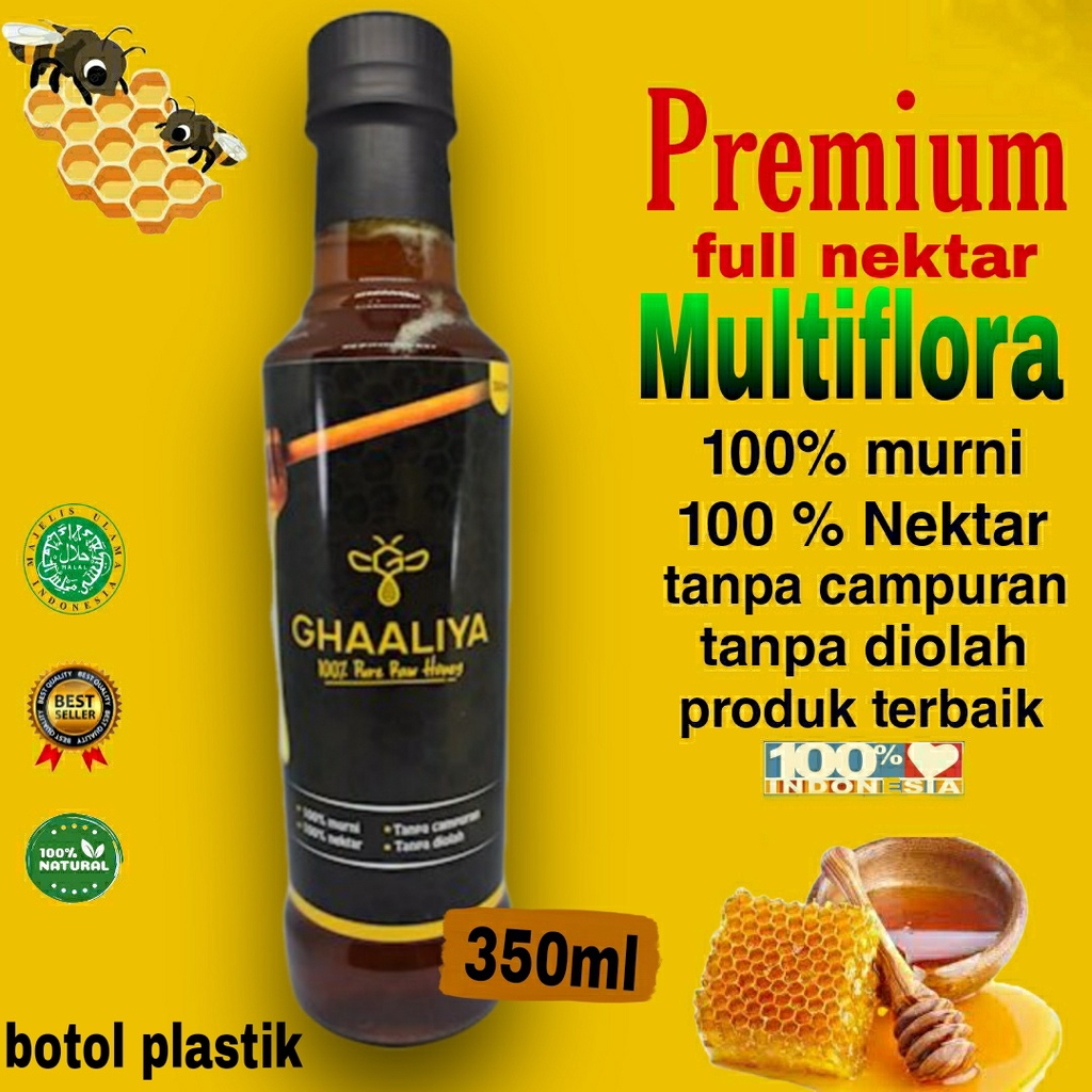 

Madu Ghaaliya Murni Asli 100% Nektar Bunga Multiflora premium terbaik 350ml/465gr original botol plastik
