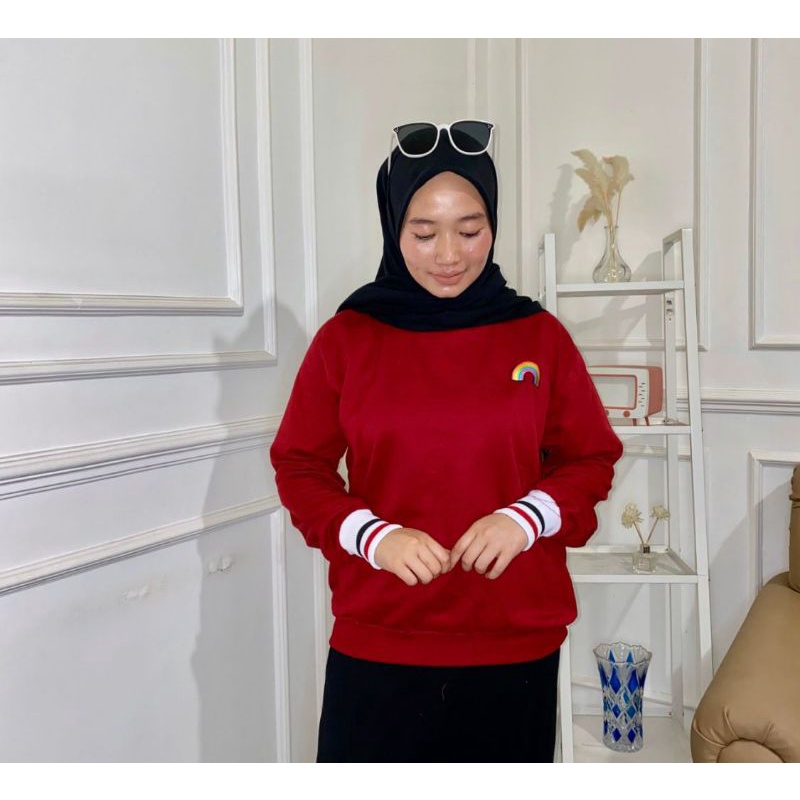 SWEATER CREWNECK DISTRO PELANGI MERAH MAROON MURAH READY