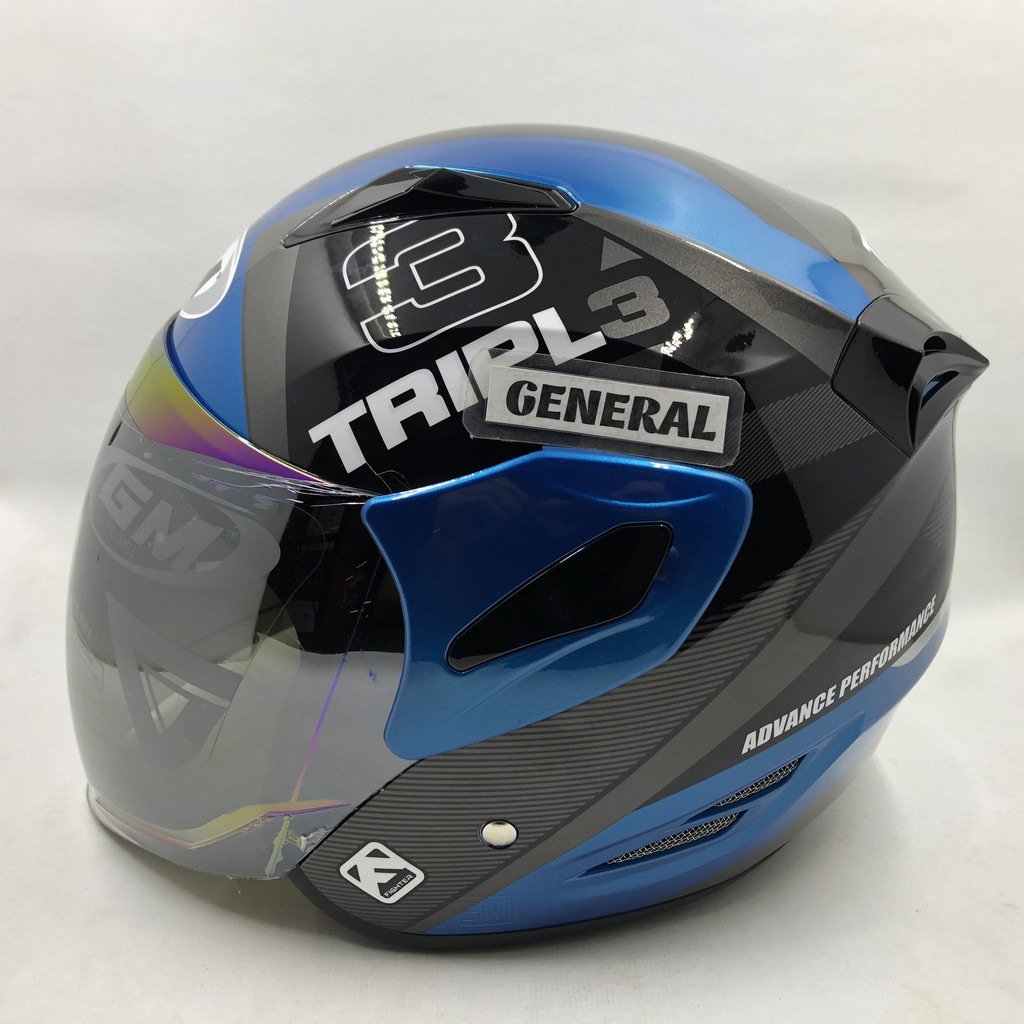 Helm GM Fighter Motif Triple Blue Metalic Silver Biru Half Face