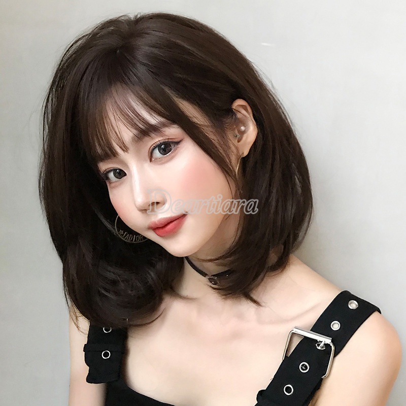 Wig / Rambut Palsu Sintetis Panjang Sebahu Warna Hitam / Coklat Dengan Poni Untuk Wanita