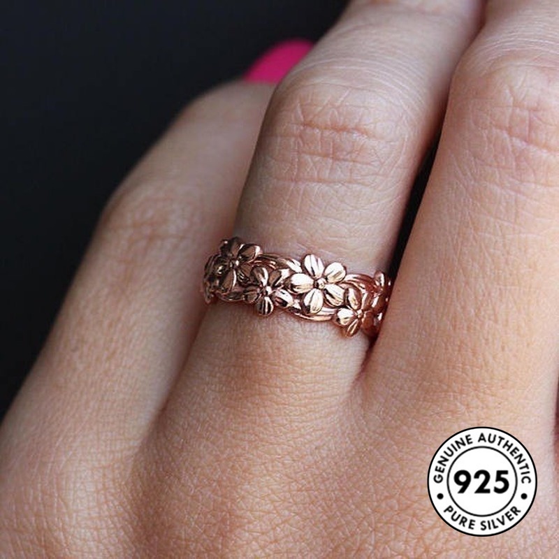 Cincin Lapis Rose Gold S925 Desain Bunga Simple Elegan Untuk Wanita