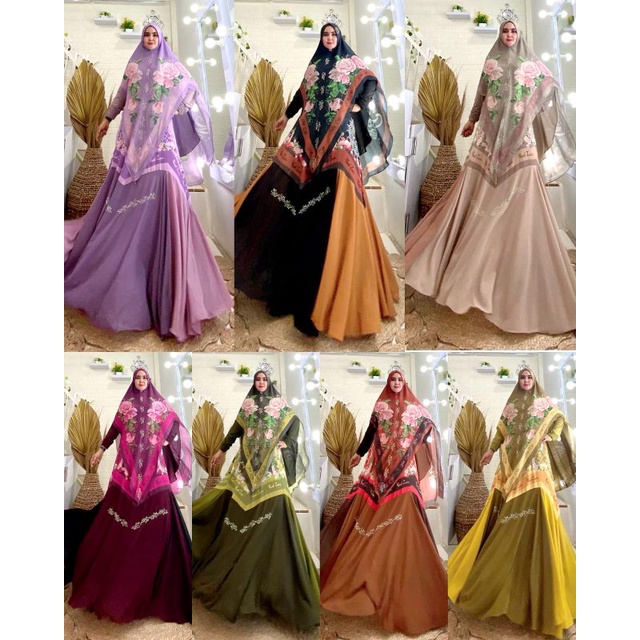 Dress Gauri Premium set by Yodizein Syar'i • Gamis set Khimar Printing Lebaran
