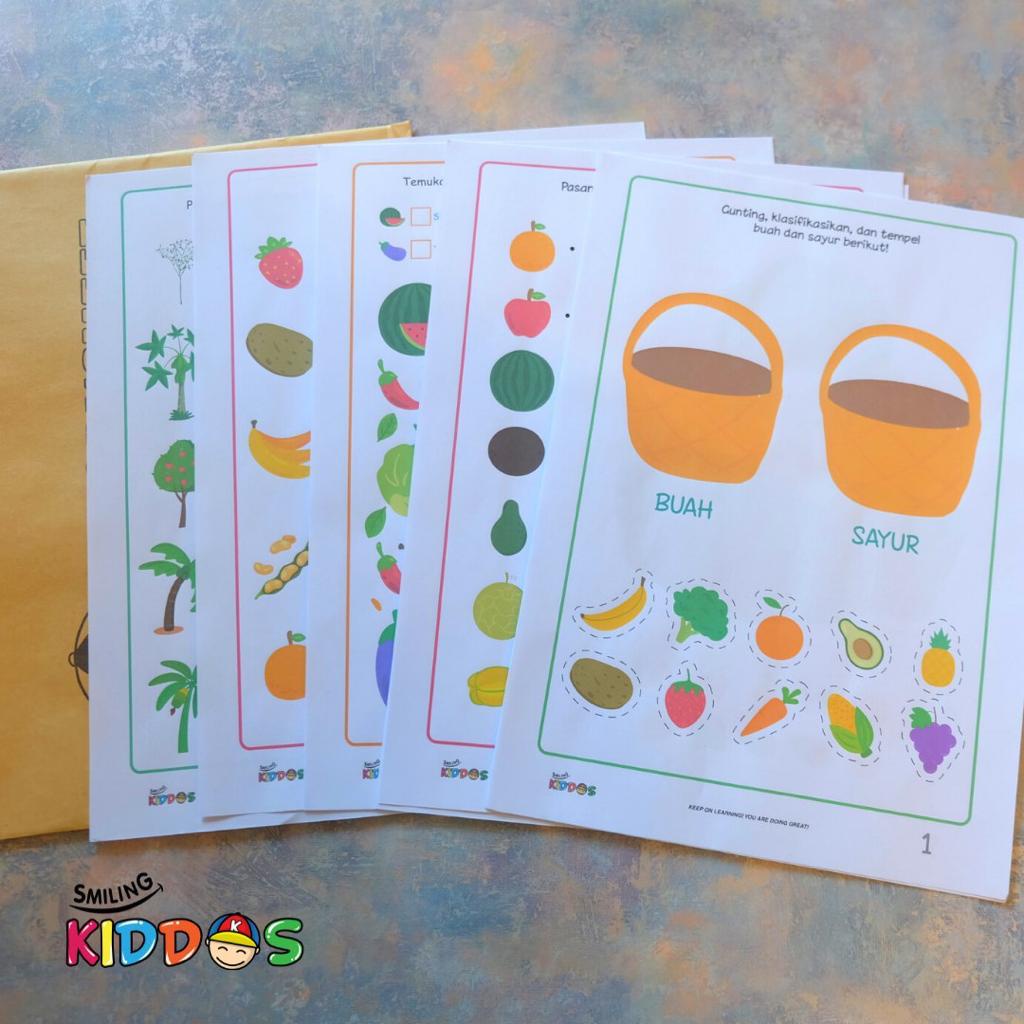 

WS BUAH SAYUR SMILINGKIDDOS - Worksheet Lembar Kerja Buku Aktivitas Menggunting Menempel Mewarnai Berhitung