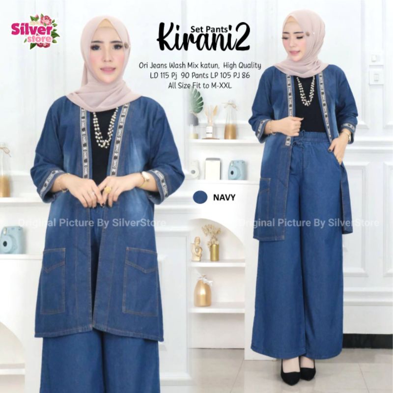 Kirani#2 One Set Setelan Celana Kulot Outer Blazer Cardigan Jeans Ld 115 Jumbo Fit XXXL By Silver