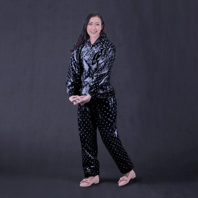 PROMO MUSIM HUJAN | Jas Hujan Perempuan Dewasa Hitam Polkadot Tebal Terbaru Setelan Baju Celana | Mantel Cewe | Mantel Wanita Bahan Premium Original Termurah