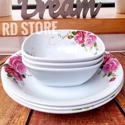 PROMO 6.PCS SET 3.PIRING 3.MANGKOK MELAMINE MOTIF ROSE