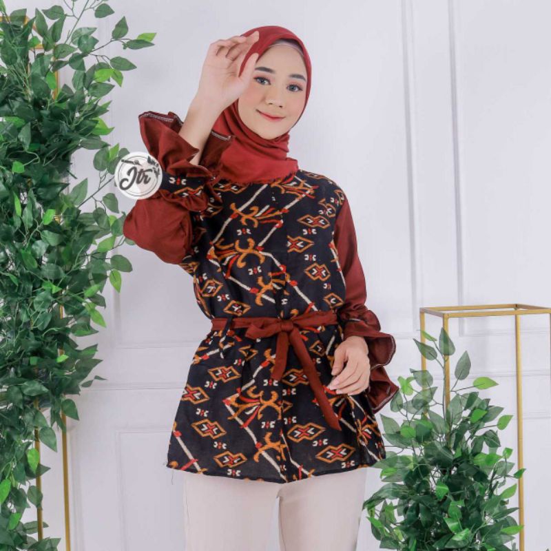 Atasan Batik Wanita Modern / Blouse Batik Kombinasi Mosscrepe Size M, L, XL ( ORIGINAL )