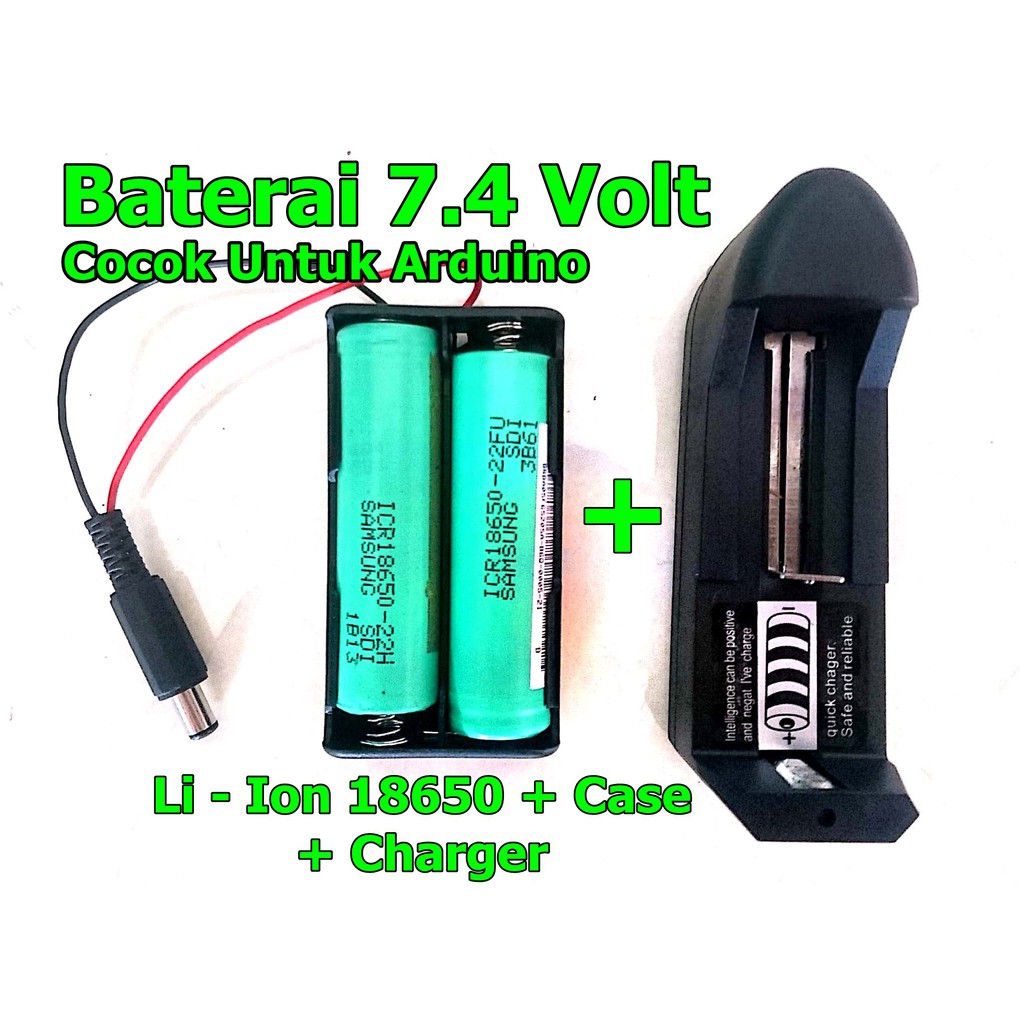 Baterai Li Ion 2x 18650 7.4 Volt dan Case Batre Plus Charger 1 Slot