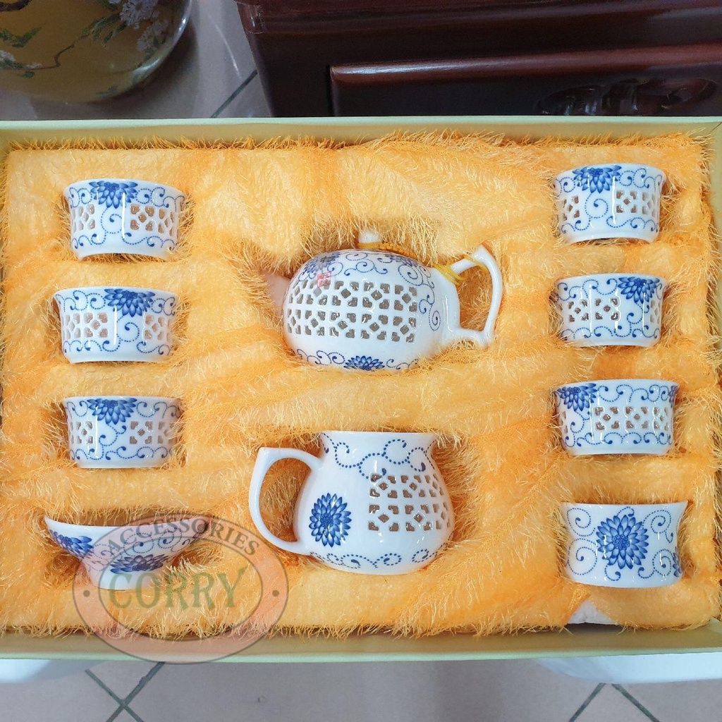 Teko Cangkir Tea Set Teh Tepai Putih Bunga Biru 6 Cangkir Keramik