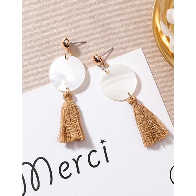 LRC Anting Tusuk Fashion White Round Shape Decorated Tassel Earrings