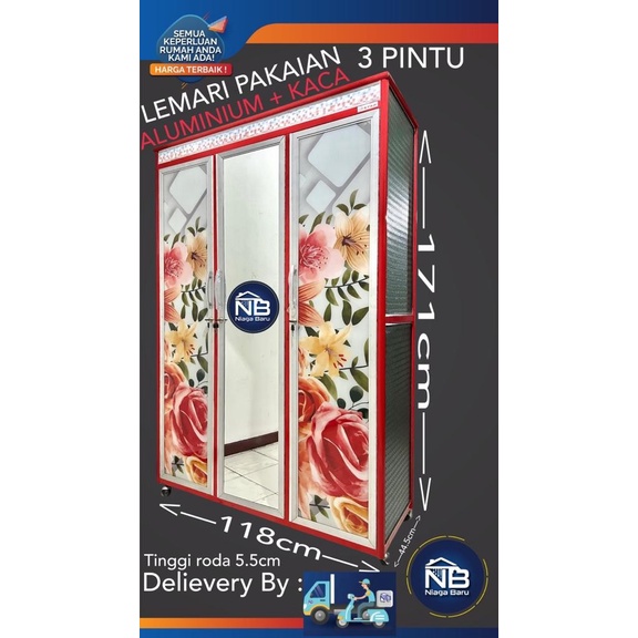 Lemari Pakaian Kaca Gamis 3 pintu Almunium Triplek  KHUSUS BOGOR KURIR TOKO