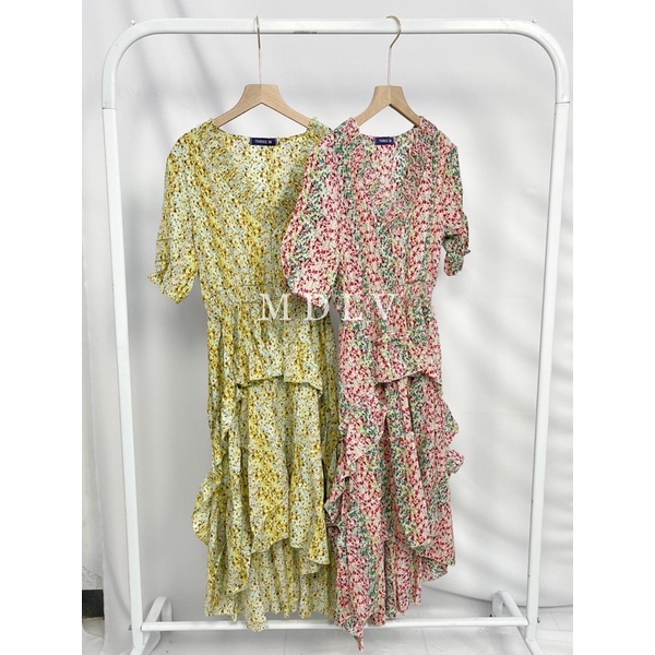 MDLV ~ 12344# Sydney Asymmetric Tiered Dress Long Dress Flower Layer Dress Korea Look Fashion import
