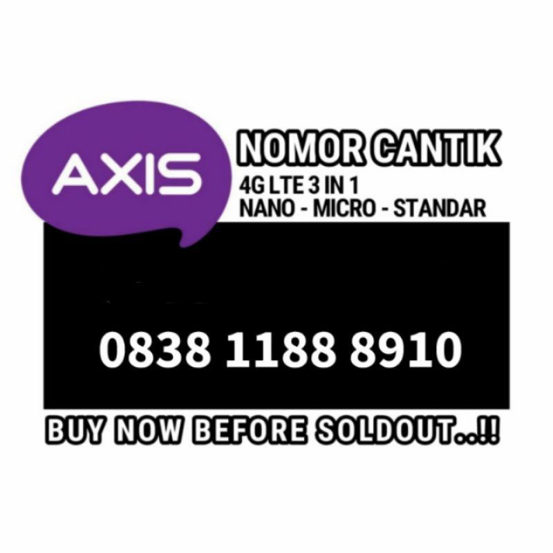NOMOR CANTIK AXIS PERDANA AXIS 4GLTE TRIPLE 8 RAPIH 083811888900