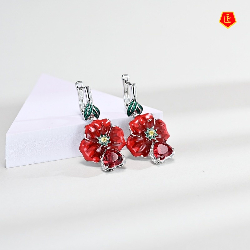 [Ready Stock]Exaggerated Rose Ruby Heart-Shaped Ring Enamel Earrings Necklace Set