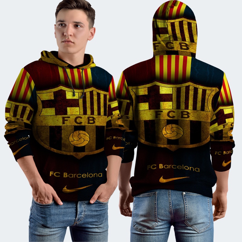 Jaket Hoodie Fullprint FCB Barcelona Bahan Polyester Jersey