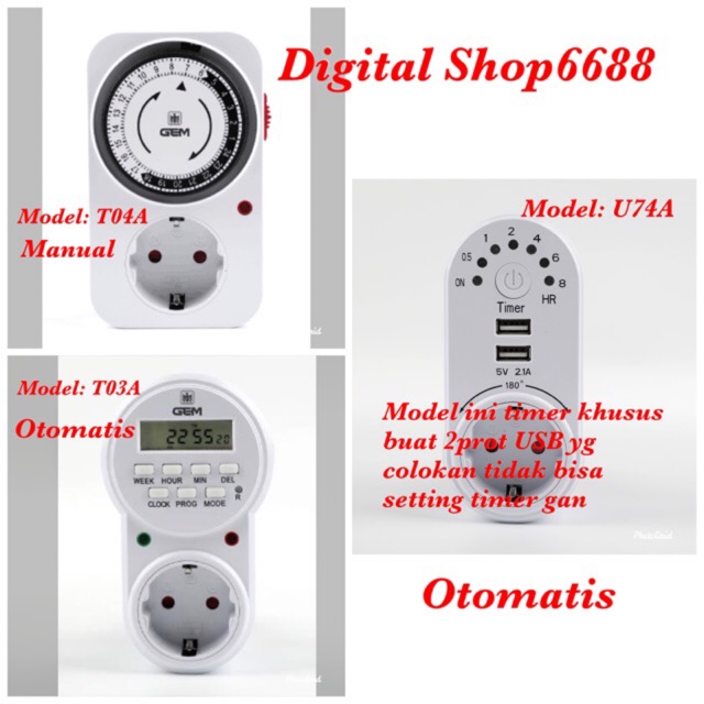 Timer Digital Stop Kontak Listrik Manual & Otomatis &Otomatis + 2 USB Port 2.1A GEM