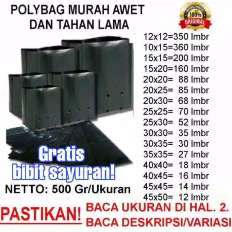 Polybag - Polibag Tanaman (Gratis Bibit Sayuran) Kantung Tanaman - Polibek Plastik
